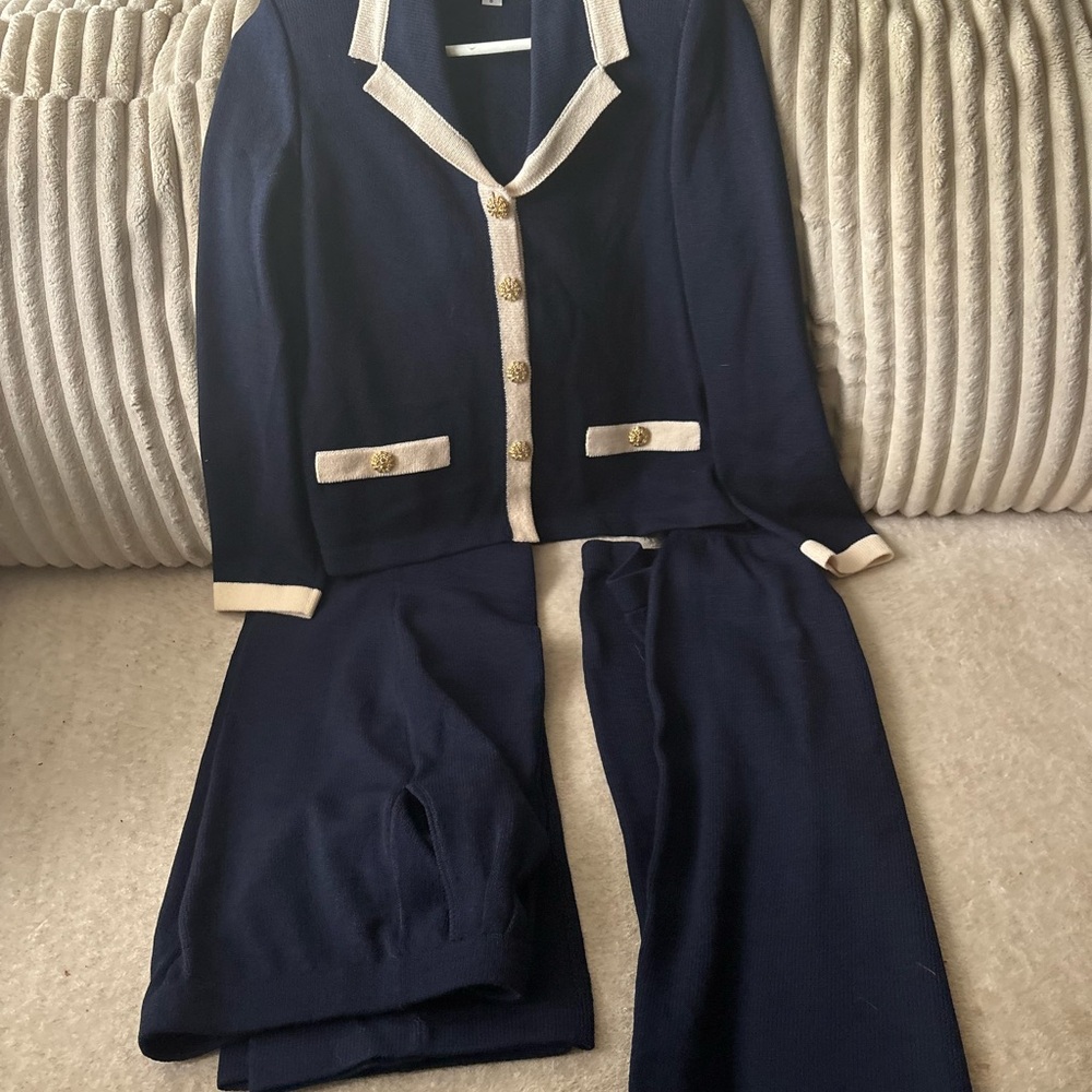 St. John Blue and White Classic Skirt & Pants Set  with Knit Fabric